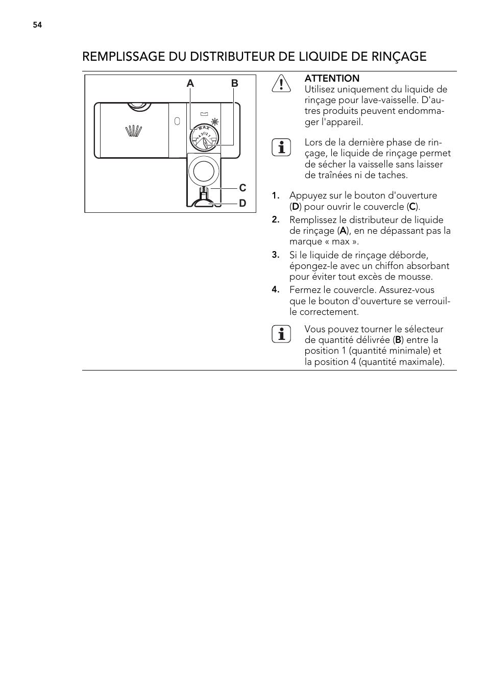 Remplissage du distributeur de liquide de rinçage, Ab d c | AEG F57202W0 User Manual | Page 54 / 88