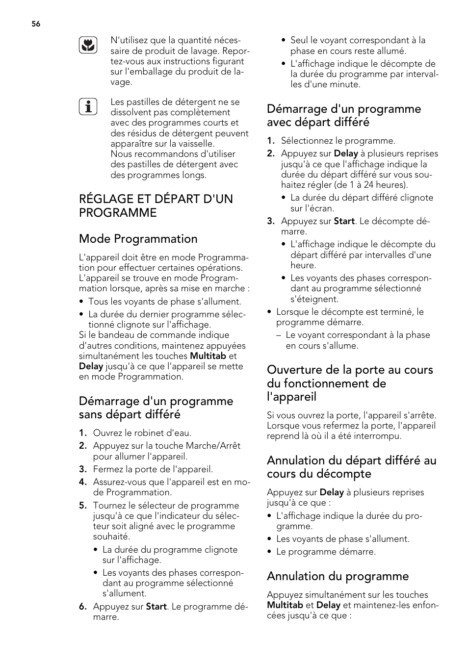 Démarrage d'un programme sans départ différé, Démarrage d'un programme avec départ différé, Annulation du départ différé au cours du décompte | Annulation du programme | AEG F57202W0 User Manual | Page 56 / 88