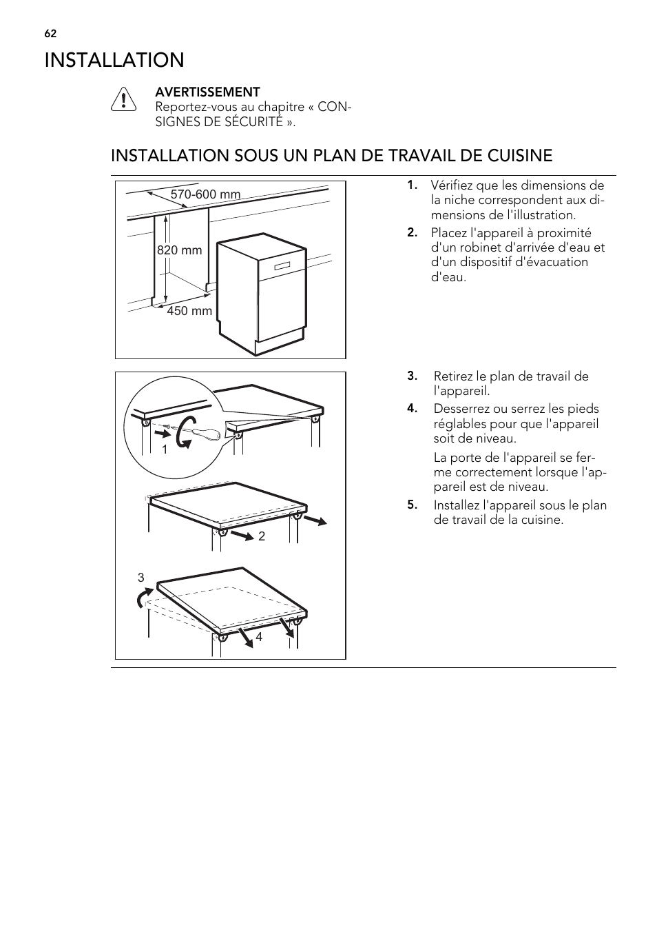 Installation, Installation sous un plan de travail de cuisine | AEG F57202W0 User Manual | Page 62 / 88