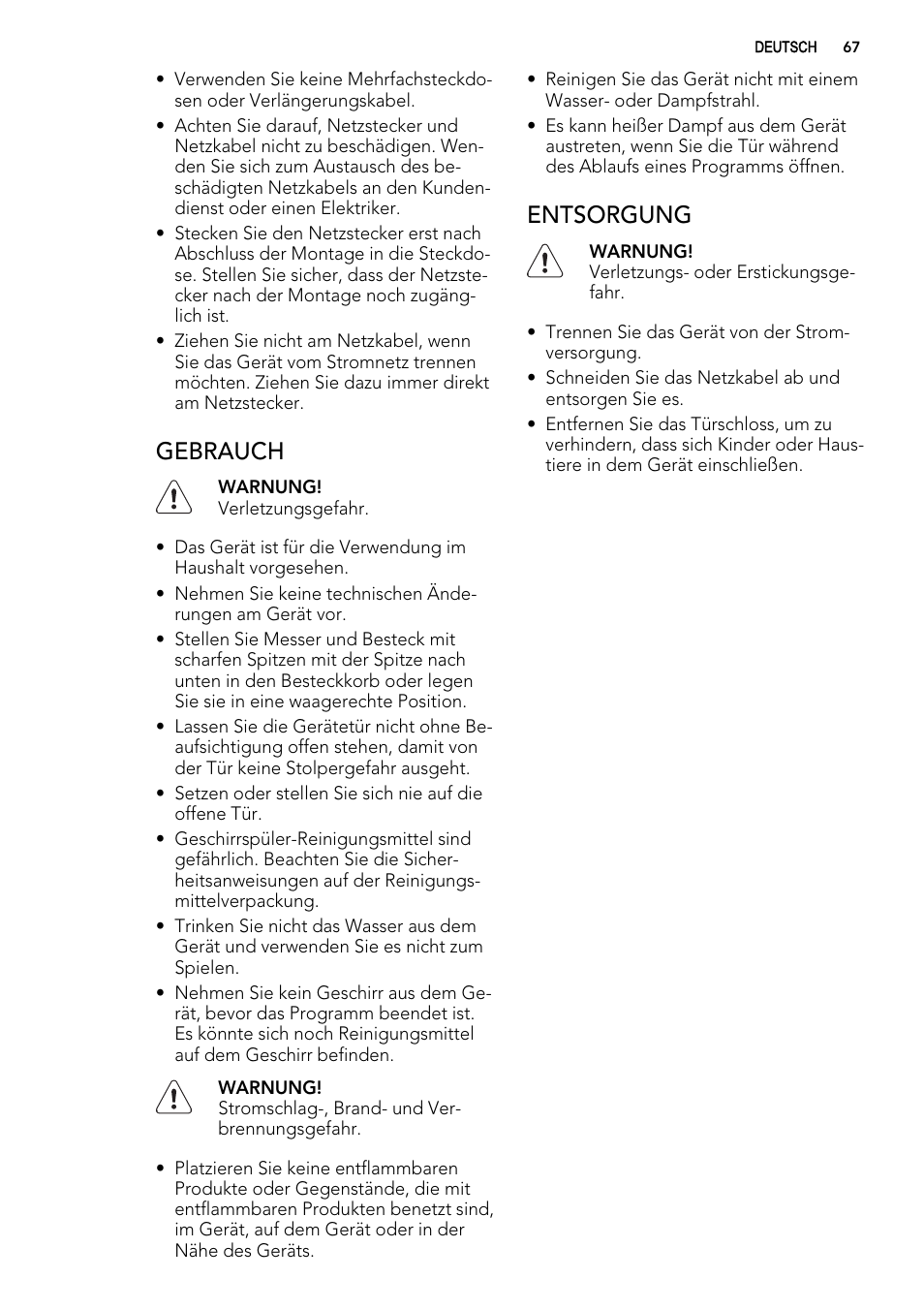 Gebrauch, Entsorgung | AEG F57202W0 User Manual | Page 67 / 88