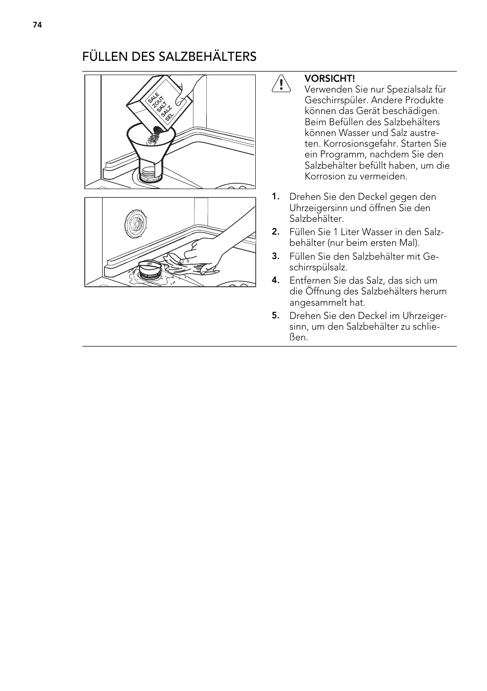 Füllen des salzbehälters | AEG F57202W0 User Manual | Page 74 / 88