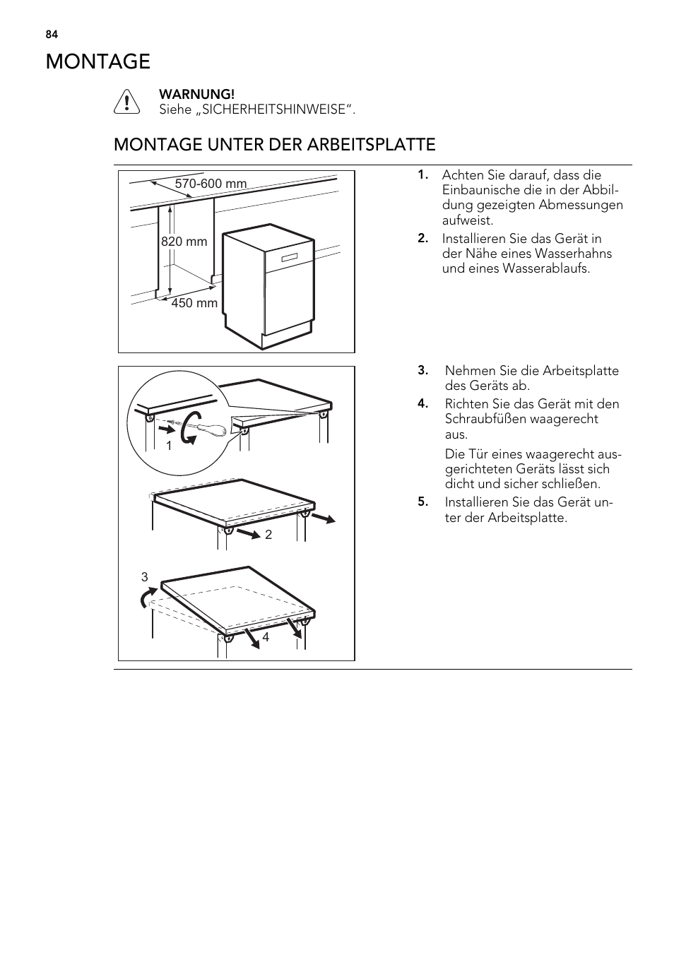 Montage, Montage unter der arbeitsplatte | AEG F57202W0 User Manual | Page 84 / 88