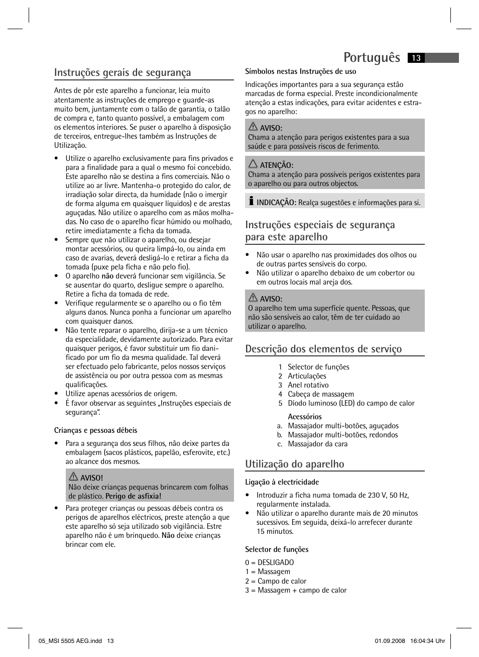 Português, Instruções gerais de segurança, Descrição dos elementos de serviço | Utilização do aparelho | AEG MSI 5505 User Manual | Page 13 / 30