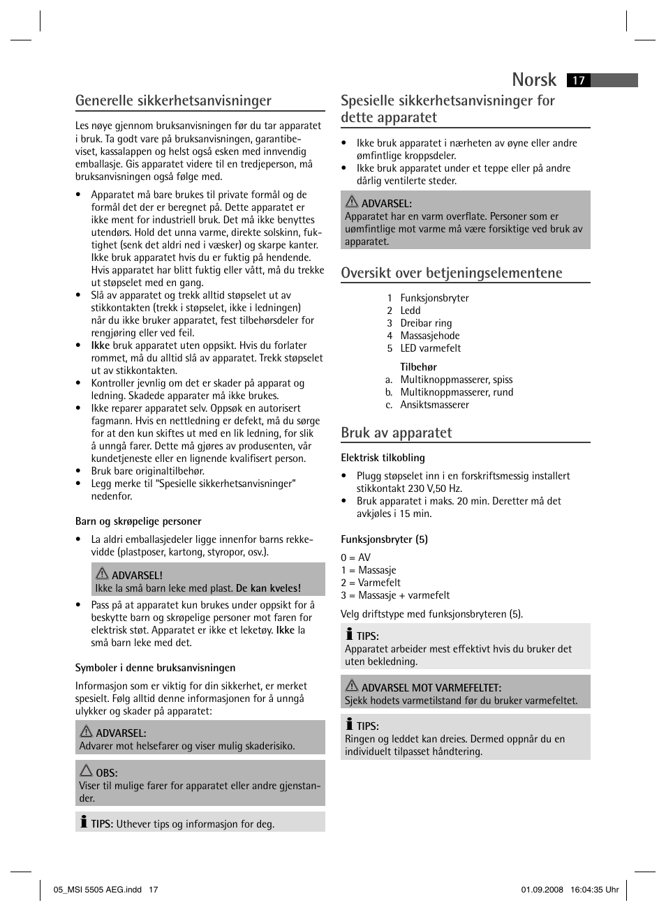 Norsk, Generelle sikkerhetsanvisninger, Oversikt over betjeningselementene | Bruk av apparatet | AEG MSI 5505 User Manual | Page 17 / 30