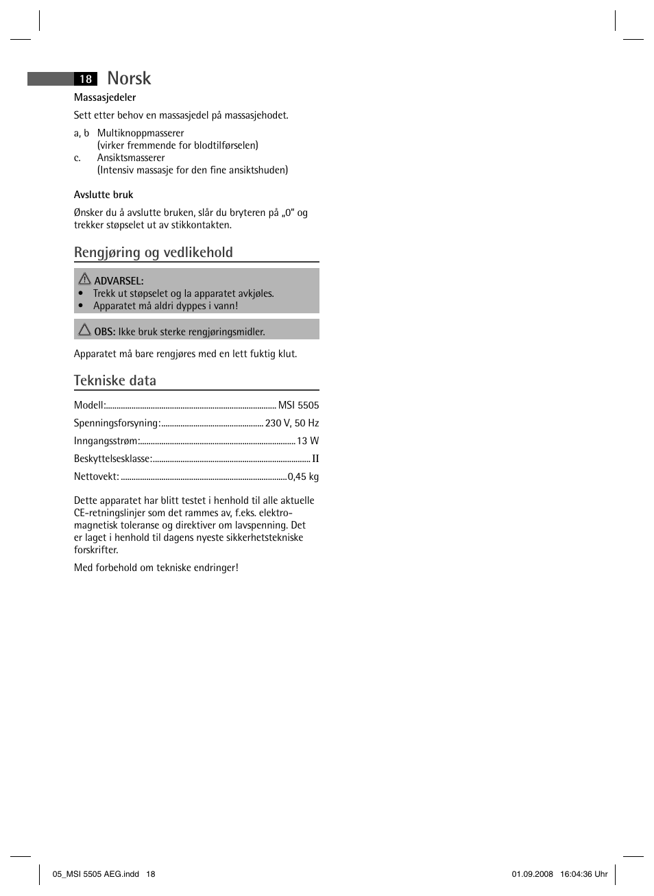 Norsk, Rengjøring og vedlikehold, Tekniske data | AEG MSI 5505 User Manual | Page 18 / 30