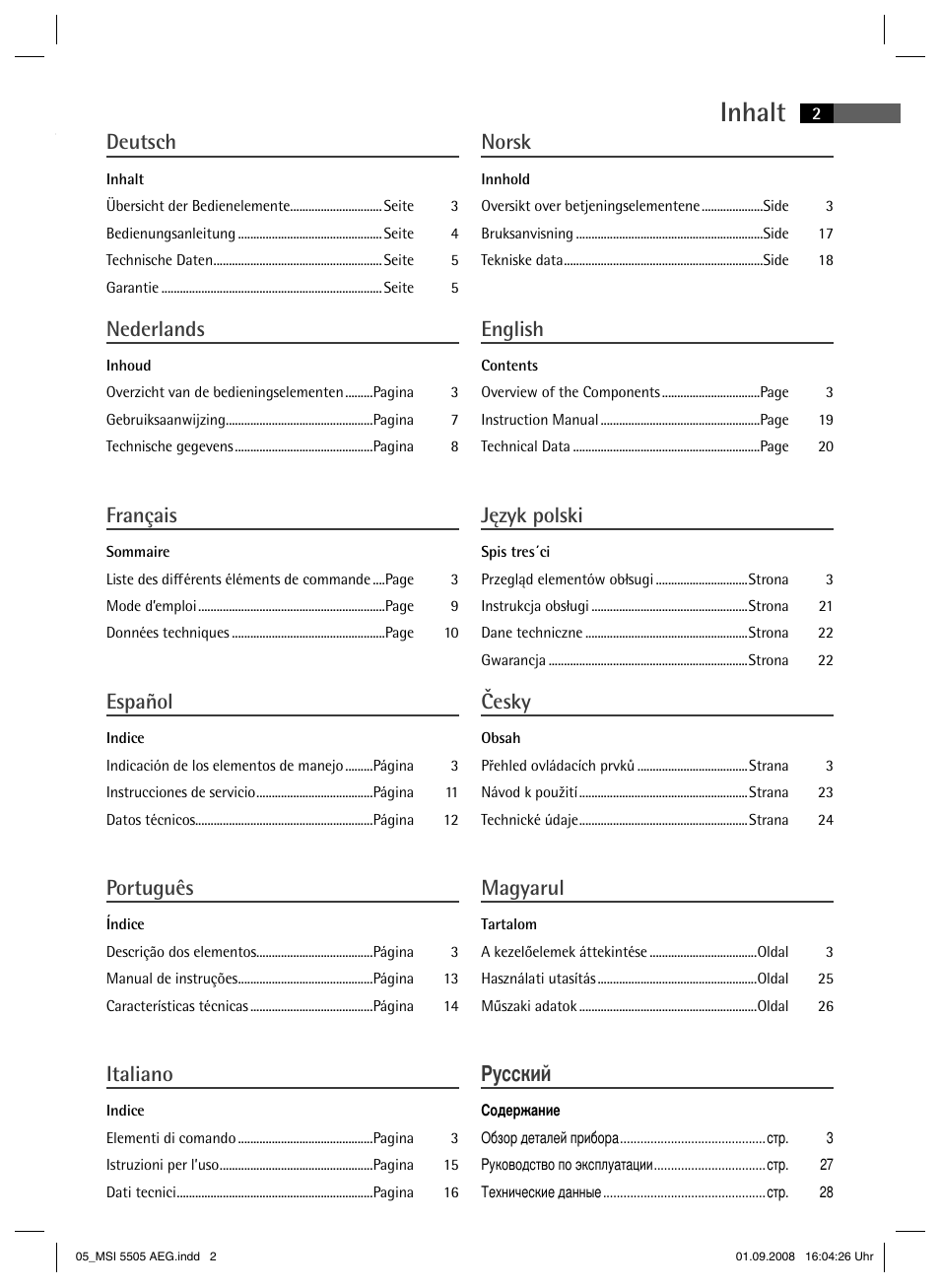 Inhalt, Deutsch, Nederlands | Français, Español, Português, Italiano, Norsk, English, Język polski | AEG MSI 5505 User Manual | Page 2 / 30