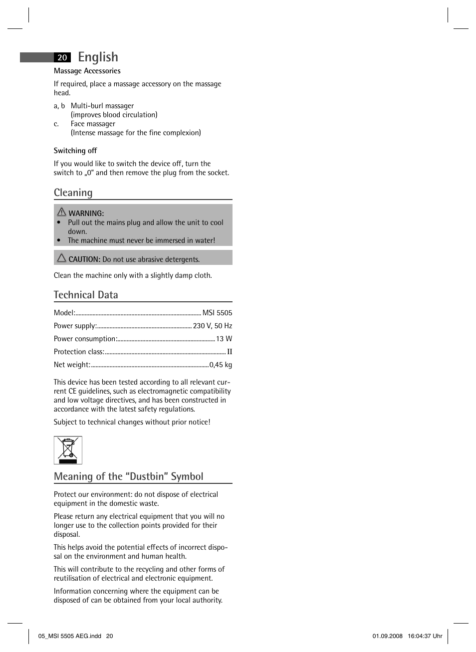 English, Cleaning, Technical data | Meaning of the “dustbin” symbol | AEG MSI 5505 User Manual | Page 20 / 30