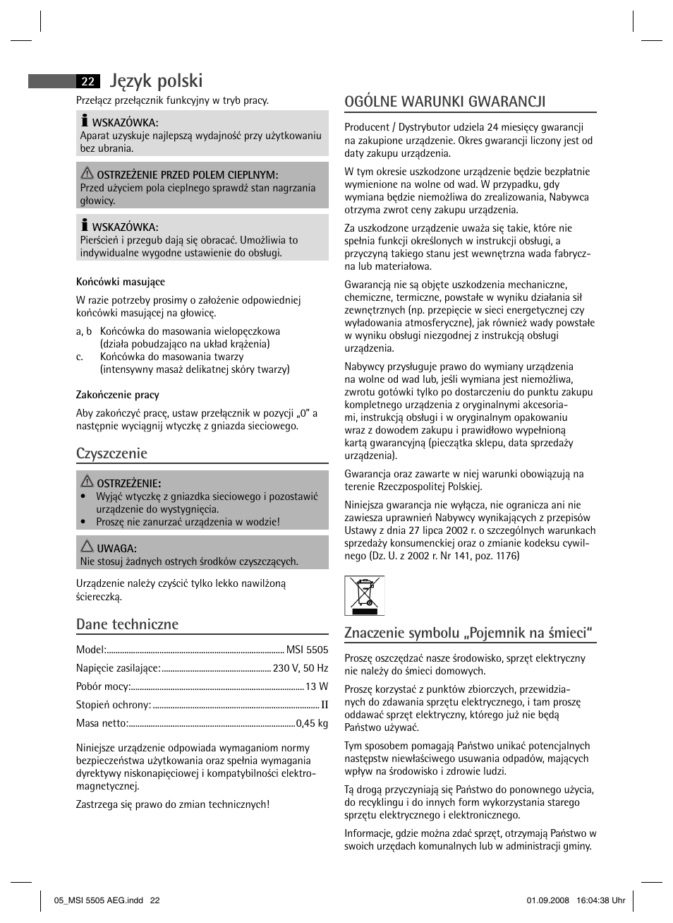 Język polski, Czyszczenie, Dane techniczne | Ogólne warunki gwarancji, Znaczenie symbolu „pojemnik na śmieci | AEG MSI 5505 User Manual | Page 22 / 30