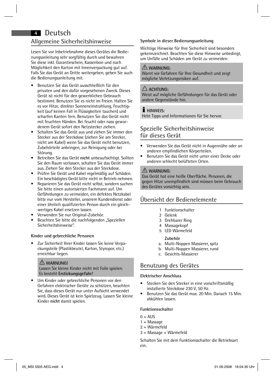 Deutsch, Allgemeine sicherheitshinweise, Spezielle sicherheitshinweise für dieses gerät | Übersicht der bedienelemente, Benutzung des gerätes | AEG MSI 5505 User Manual | Page 4 / 30
