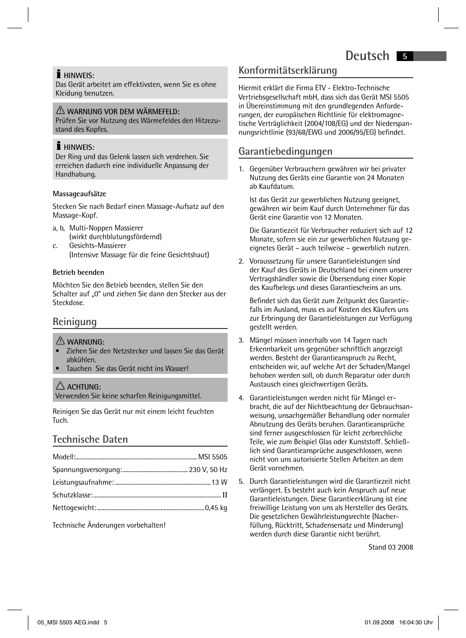 Deutsch, Reinigung, Technische daten | Konformitätserklärung, Garantiebedingungen | AEG MSI 5505 User Manual | Page 5 / 30