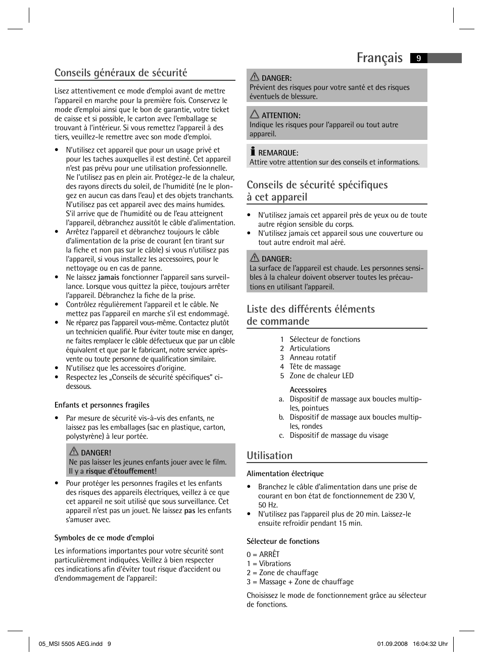 Français, Conseils généraux de sécurité, Conseils de sécurité spécifi ques à cet appareil | Liste des diff érents éléments de commande, Utilisation | AEG MSI 5505 User Manual | Page 9 / 30