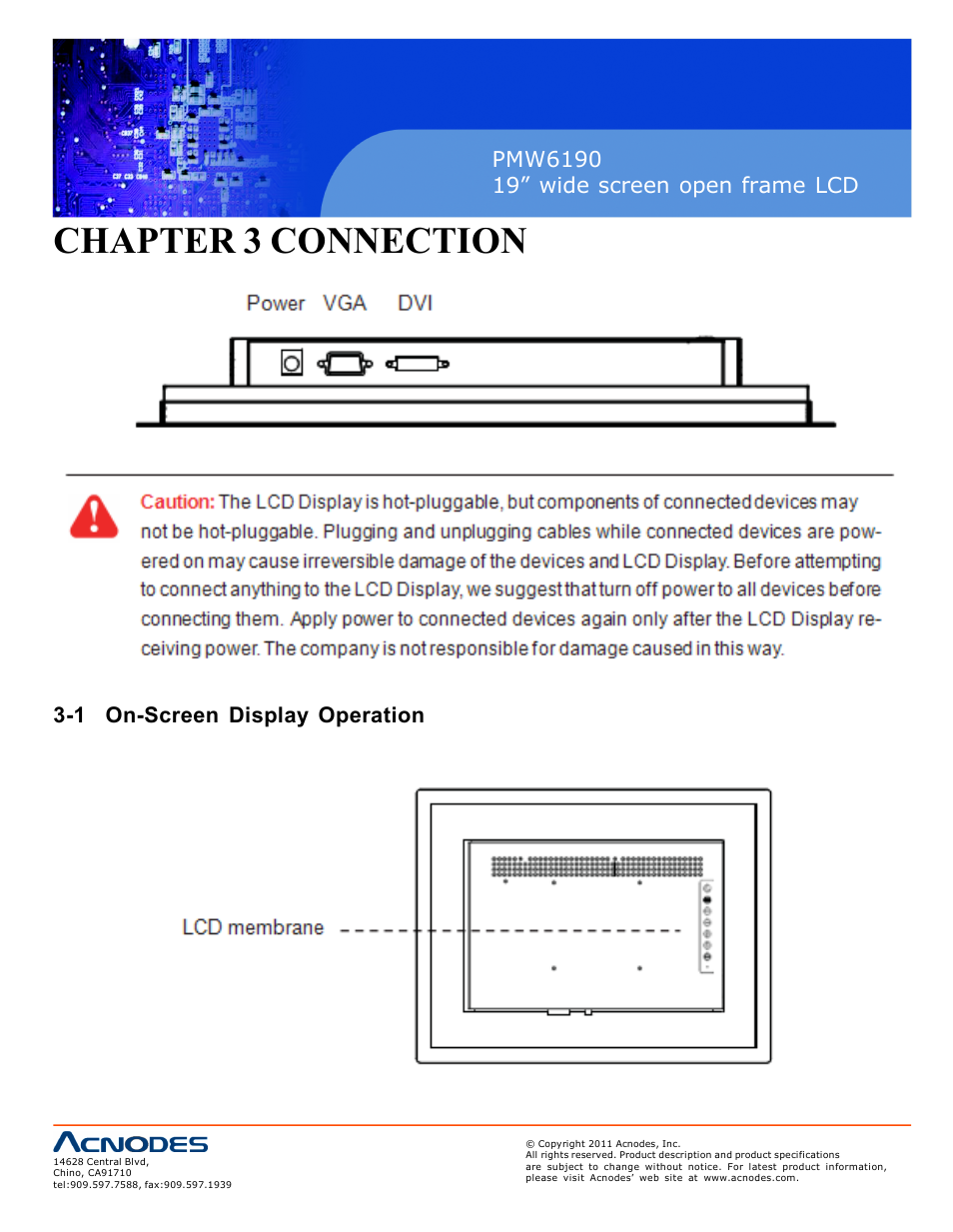 Chapter 3 connection, 1 on-screen display operation | Acnodes PMW6190 User Manual | Page 10 / 27