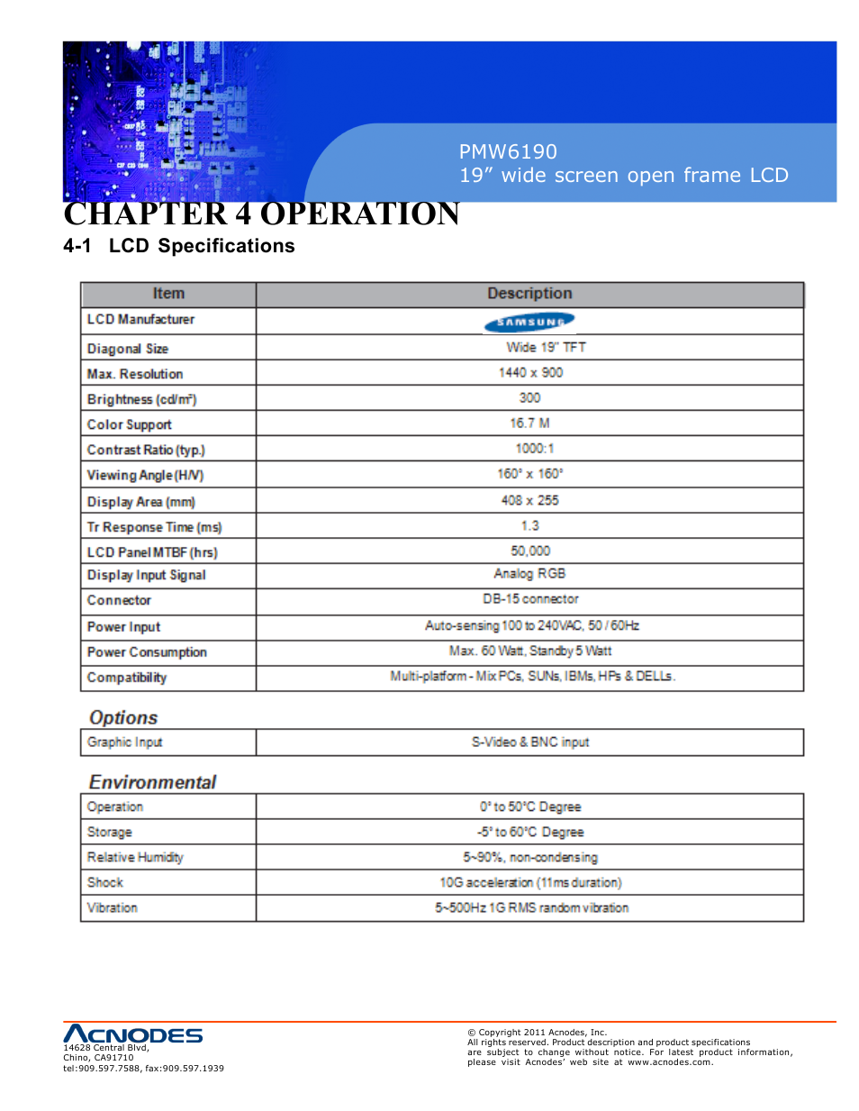 Chapter 4 operation, 1 lcd specifications | Acnodes PMW6190 User Manual | Page 13 / 27