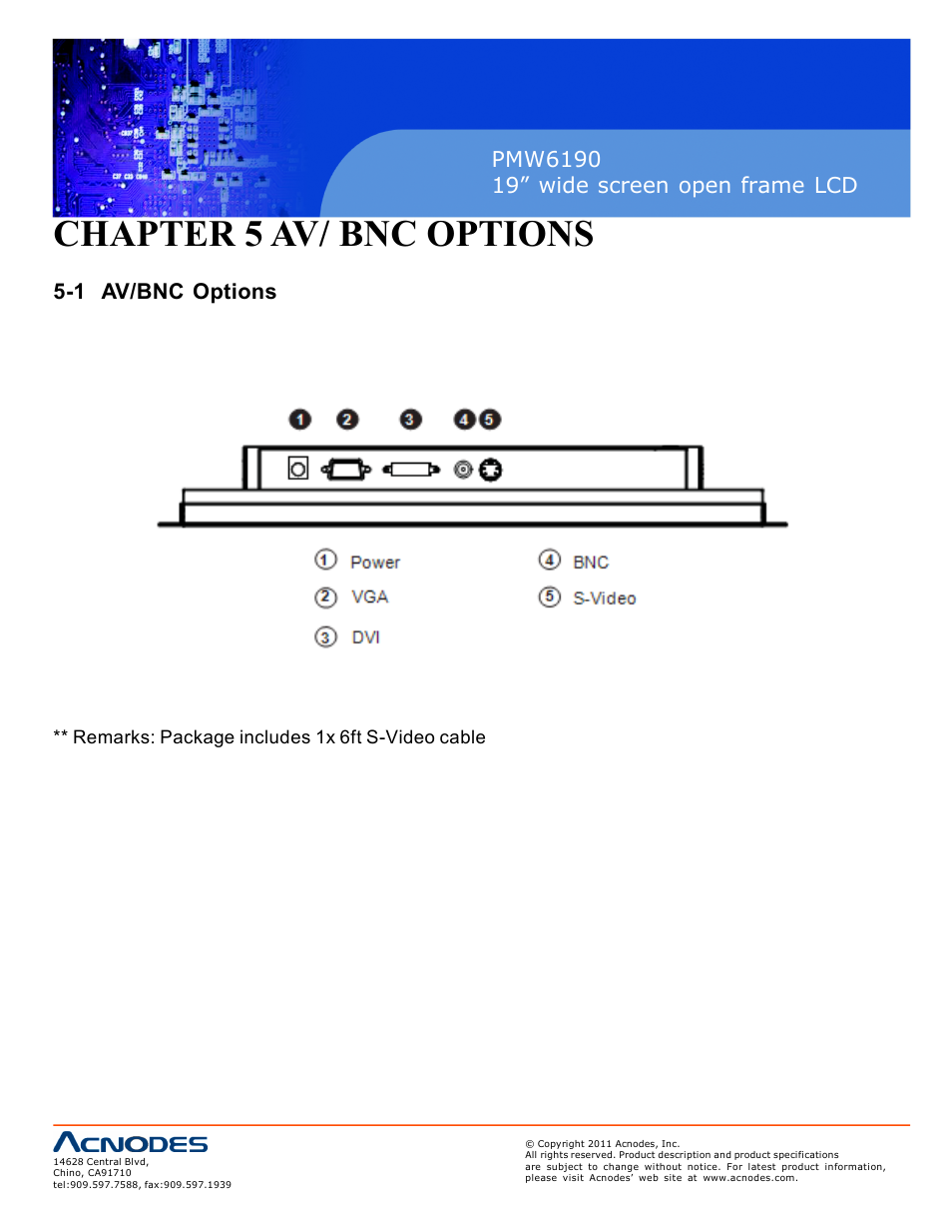 Chapter 5 av/ bnc options, 1 av/bnc options | Acnodes PMW6190 User Manual | Page 14 / 27