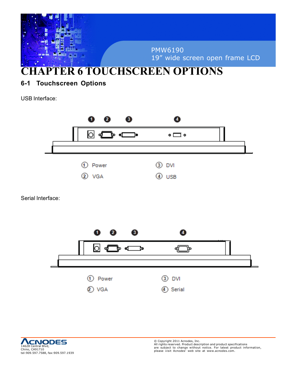 Chapter 6 touchscreen options, 1 touchscreen options | Acnodes PMW6190 User Manual | Page 15 / 27