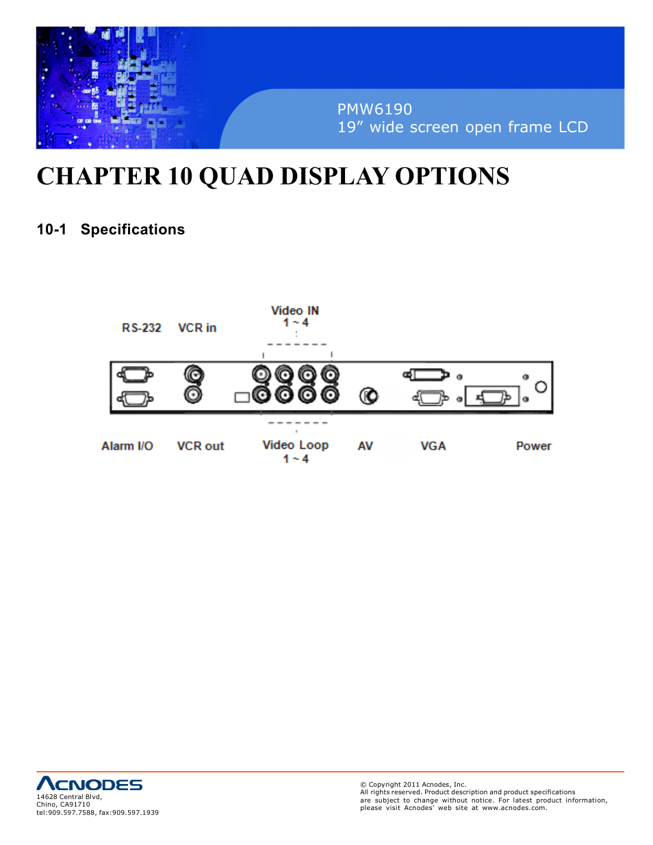 Chapter 10 quad display options, 1 specifications | Acnodes PMW6190 User Manual | Page 24 / 27