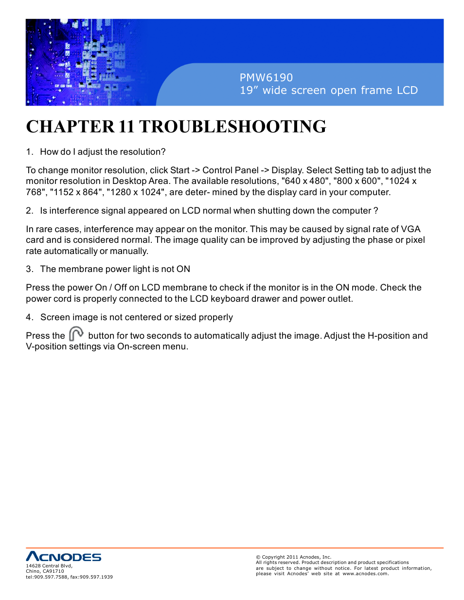 Chapter 11 troubleshooting | Acnodes PMW6190 User Manual | Page 26 / 27