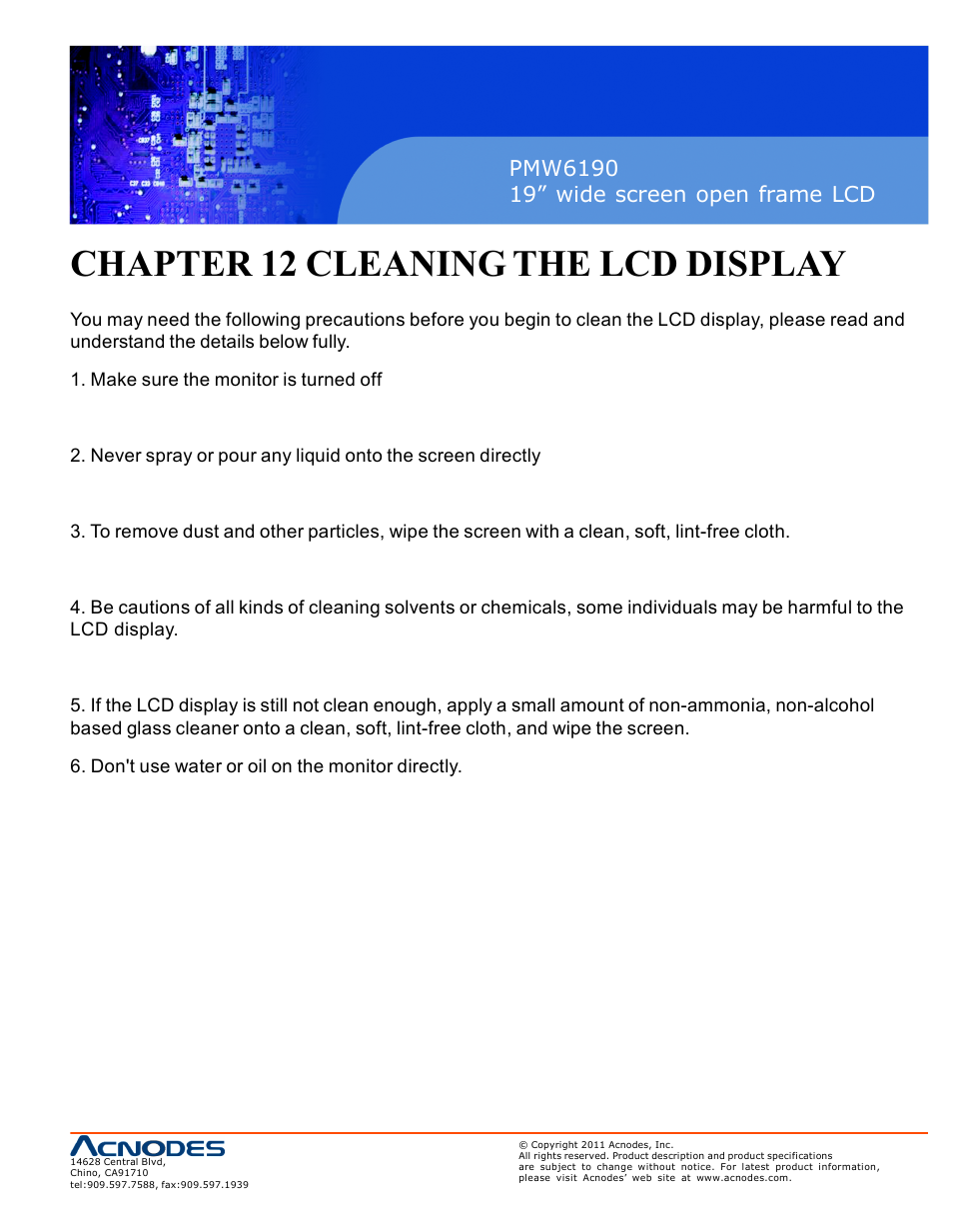 Chapter 12 cleaning the lcd display | Acnodes PMW6190 User Manual | Page 27 / 27