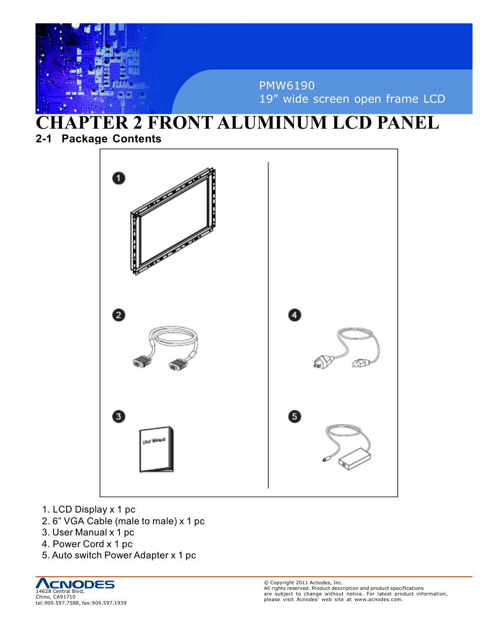 Chapter 2 front aluminum lcd panel, 1 package contents | Acnodes PMW6190 User Manual | Page 5 / 27