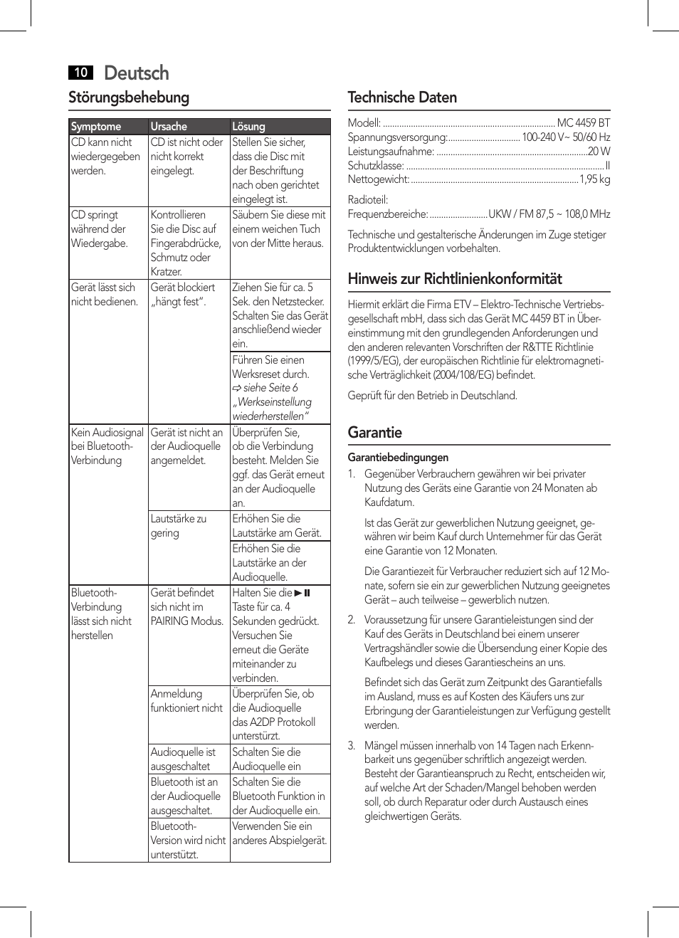 Deutsch, Störungsbehebung, Technische daten | Hinweis zur richtlinienkonformität, Garantie | AEG MC 4459 BT User Manual | Page 10 / 42