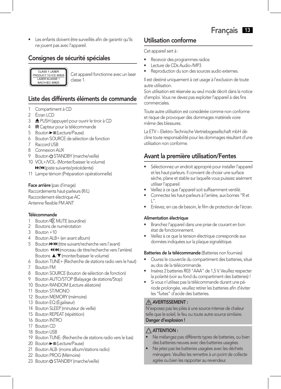 Français, Consignes de sécurité spéciales, Liste des différents éléments de commande | Utilisation conforme, Avant la première utilisation/fentes | AEG MC 4459 BT User Manual | Page 13 / 42