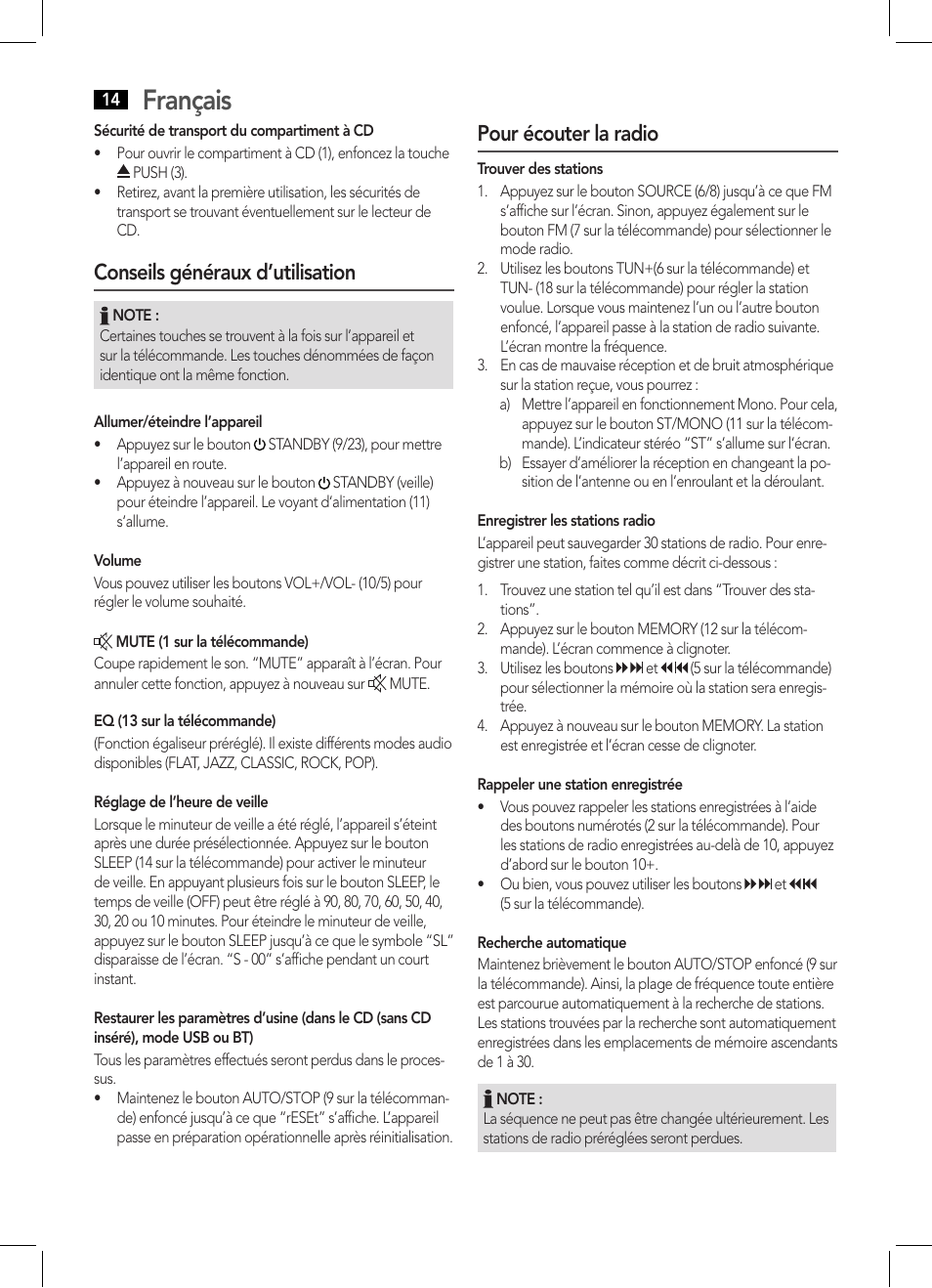 Français, Conseils généraux d’utilisation, Pour écouter la radio | AEG MC 4459 BT User Manual | Page 14 / 42