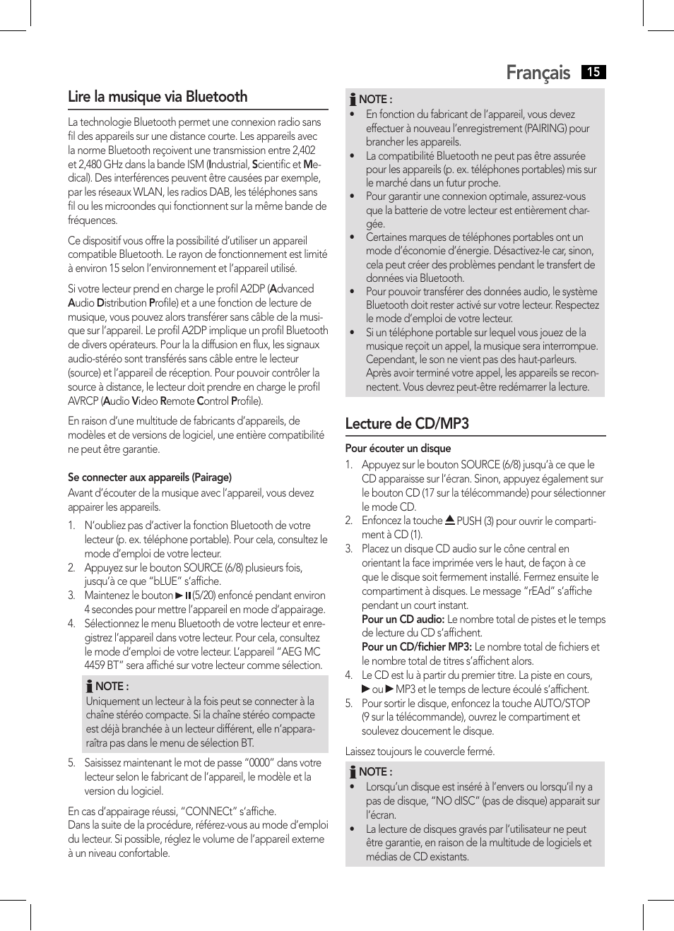 Français, Lire la musique via bluetooth, Lecture de cd/mp3 | AEG MC 4459 BT User Manual | Page 15 / 42