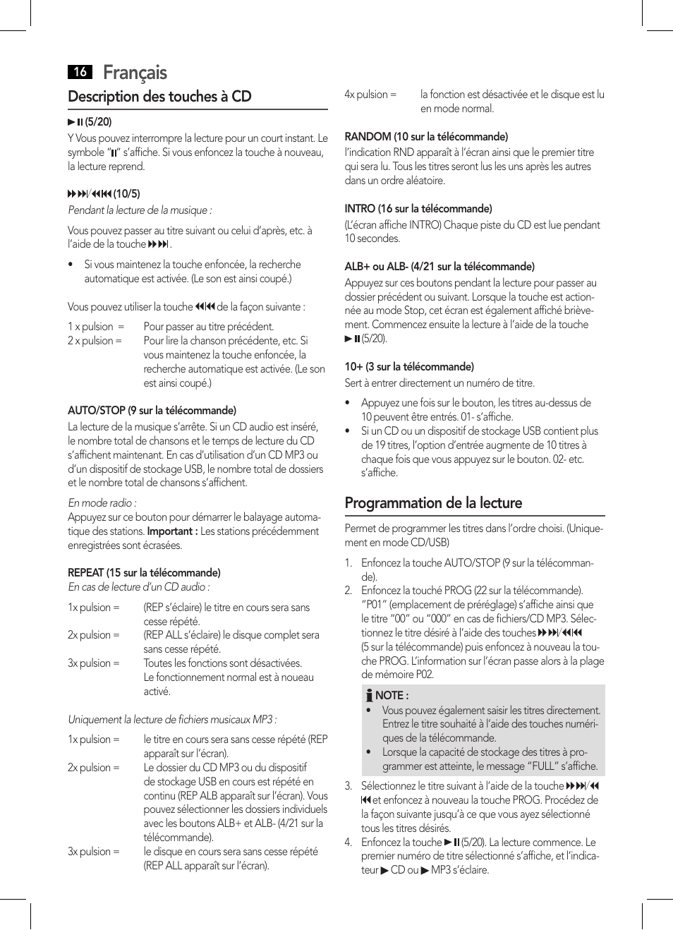 Français, Description des touches à cd, Programmation de la lecture | AEG MC 4459 BT User Manual | Page 16 / 42
