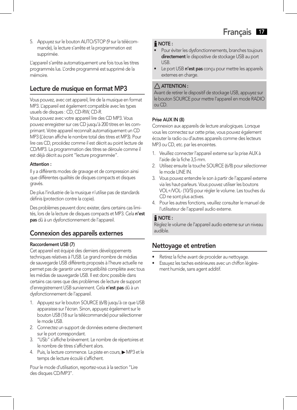 Français, Lecture de musique en format mp3, Connexion des appareils externes | Nettoyage et entretien | AEG MC 4459 BT User Manual | Page 17 / 42