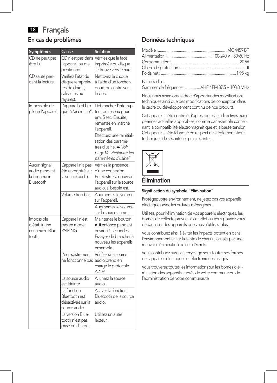 Français, En cas de problèmes, Données techniques | Élimination | AEG MC 4459 BT User Manual | Page 18 / 42