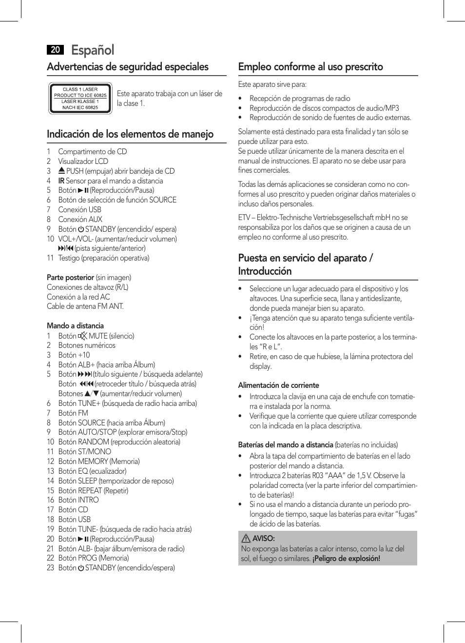 Español, Advertencias de seguridad especiales, Indicación de los elementos de manejo | Empleo conforme al uso prescrito, Puesta en servicio del aparato / introducción | AEG MC 4459 BT User Manual | Page 20 / 42