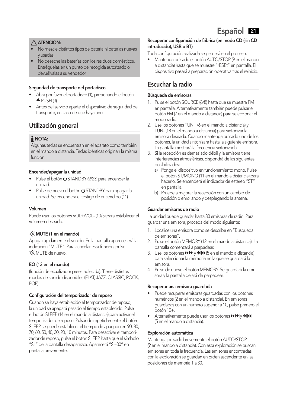 Español, Utilización general, Escuchar la radio | AEG MC 4459 BT User Manual | Page 21 / 42