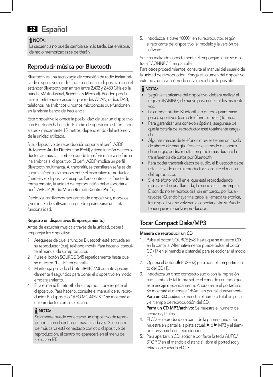 Español, Reproducir música por bluetooth, Tocar compact disks/mp3 | AEG MC 4459 BT User Manual | Page 22 / 42