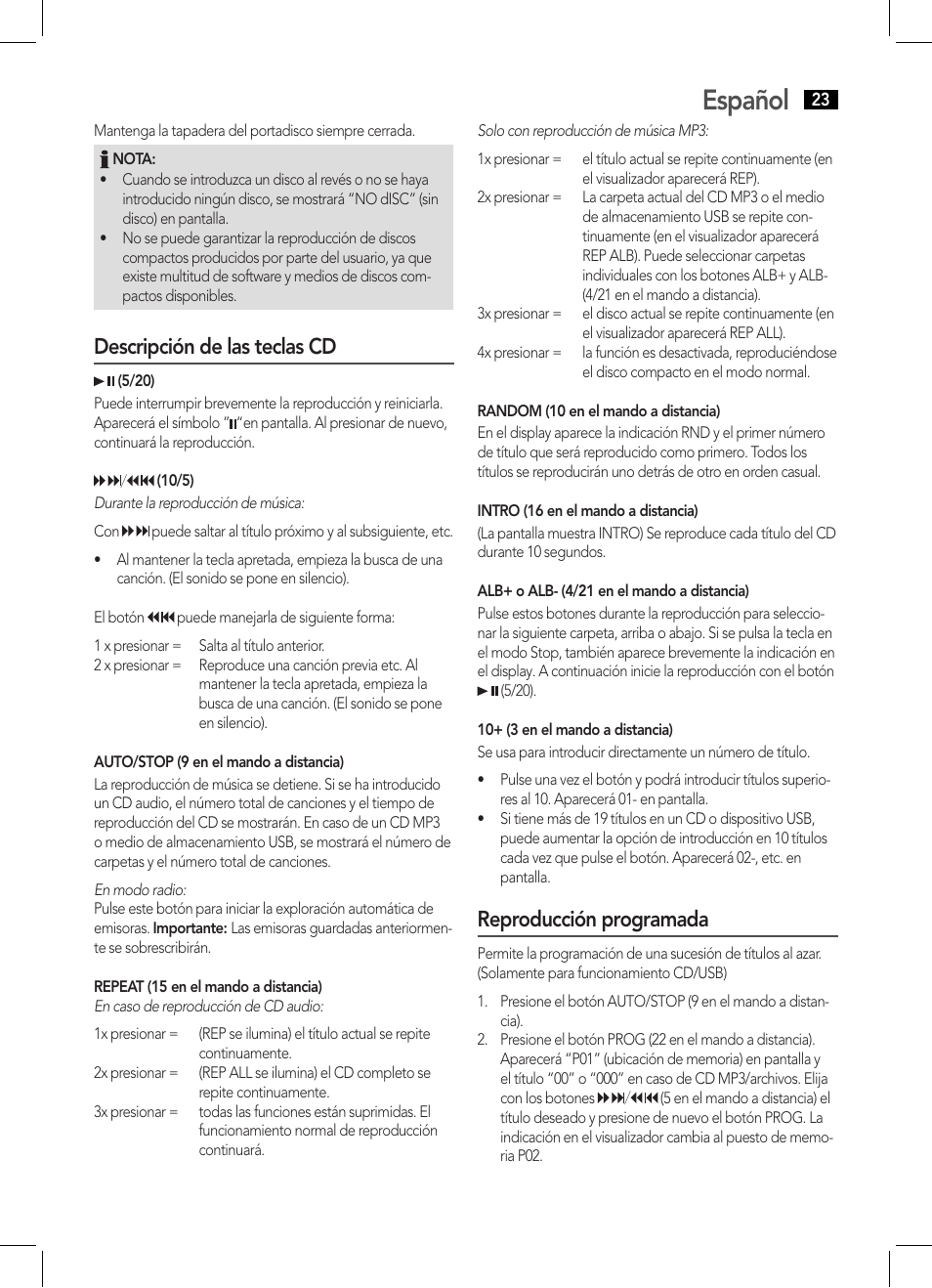 Español, Descripción de las teclas cd, Reproducción programada | AEG MC 4459 BT User Manual | Page 23 / 42