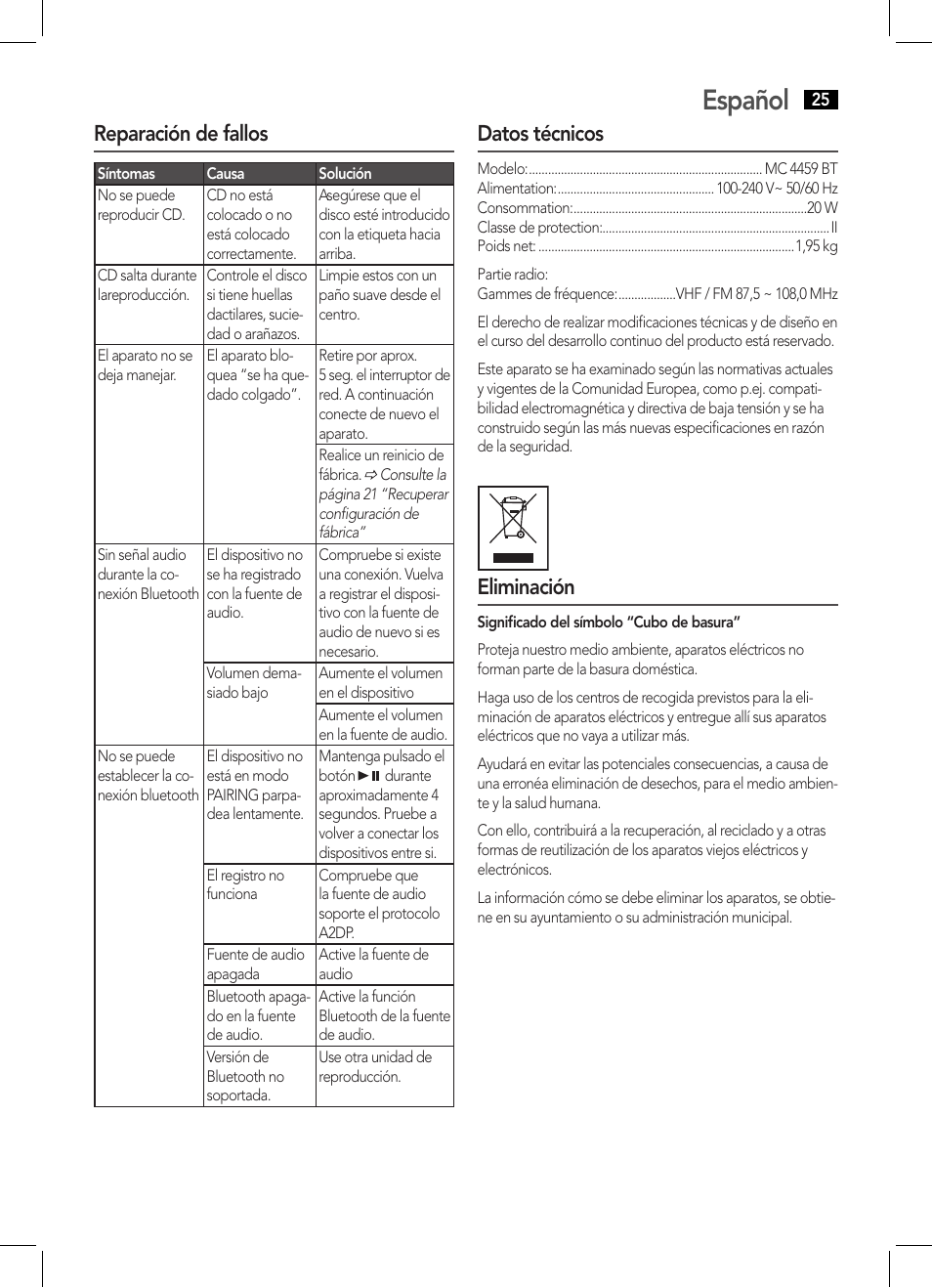 Español, Reparación de fallos, Datos técnicos | Eliminación | AEG MC 4459 BT User Manual | Page 25 / 42