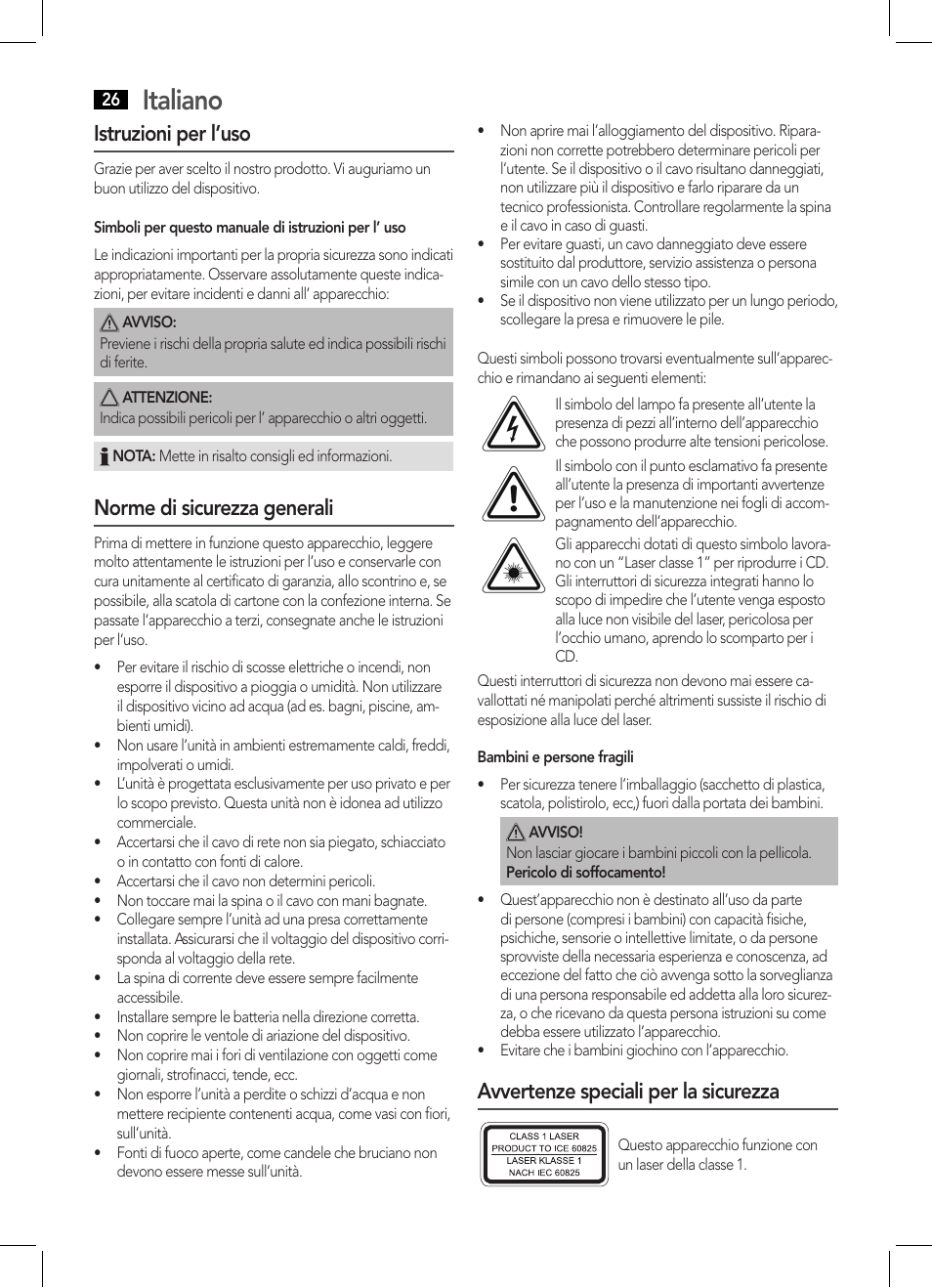 Italiano, Istruzioni per l’uso, Norme di sicurezza generali | Avvertenze speciali per la sicurezza | AEG MC 4459 BT User Manual | Page 26 / 42