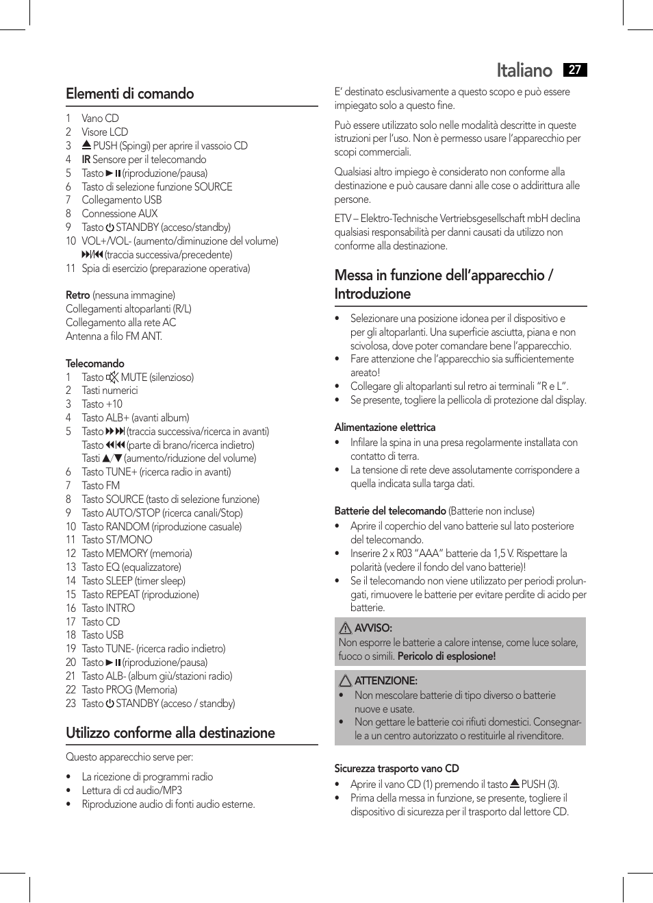 Italiano, Elementi di comando, Utilizzo conforme alla destinazione | Messa in funzione dell’apparecchio / introduzione | AEG MC 4459 BT User Manual | Page 27 / 42