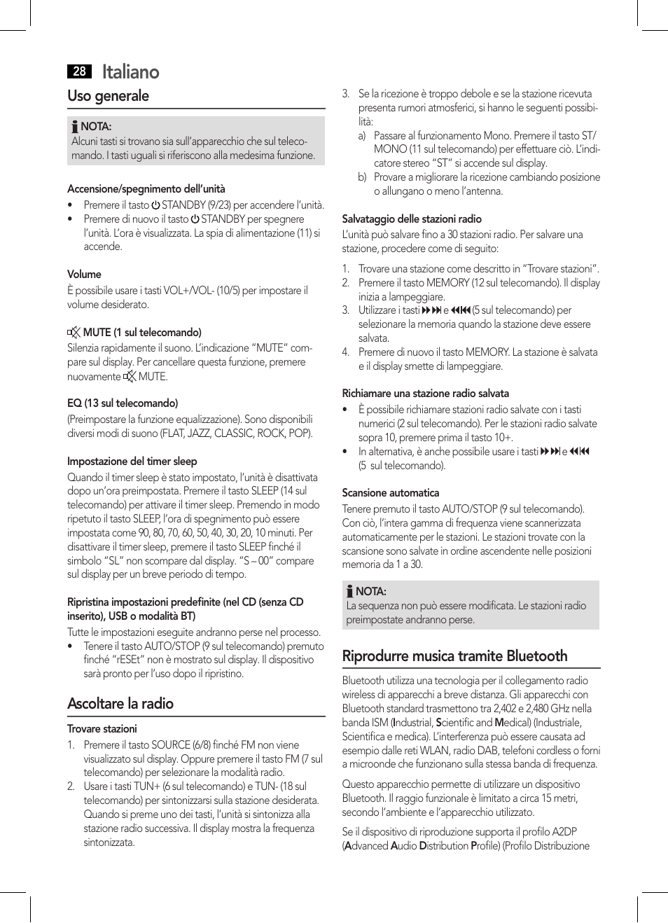 Italiano, Uso generale, Ascoltare la radio | Riprodurre musica tramite bluetooth | AEG MC 4459 BT User Manual | Page 28 / 42