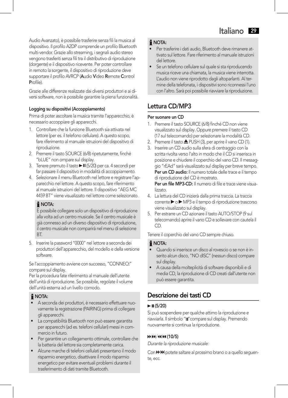 Italiano, Lettura cd/mp3, Descrizione dei tasti cd | AEG MC 4459 BT User Manual | Page 29 / 42