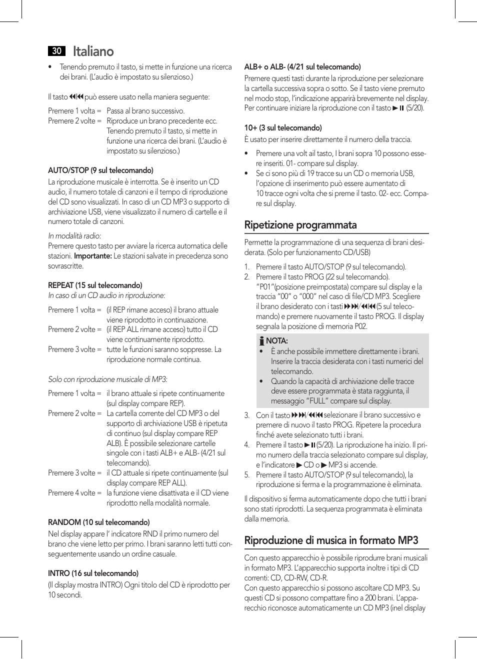 Italiano, Ripetizione programmata, Riproduzione di musica in formato mp3 | AEG MC 4459 BT User Manual | Page 30 / 42