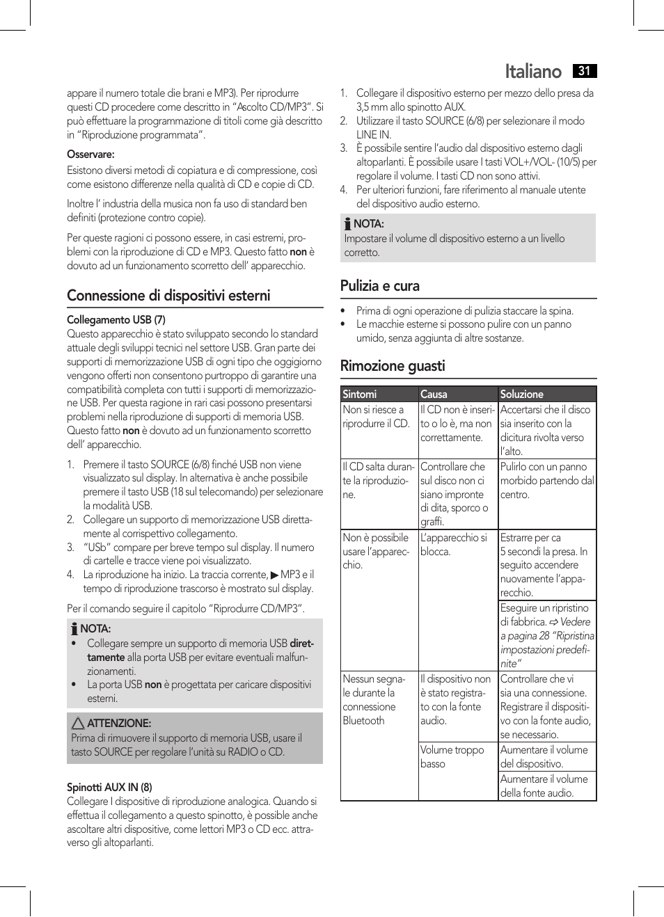 Italiano, Connessione di dispositivi esterni, Pulizia e cura | Rimozione guasti | AEG MC 4459 BT User Manual | Page 31 / 42