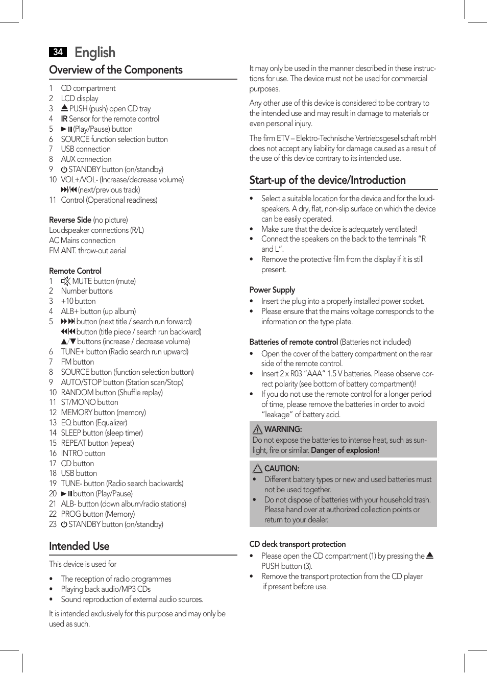 English, Overview of the components, Intended use | Start-up of the device/introduction | AEG MC 4459 BT User Manual | Page 34 / 42