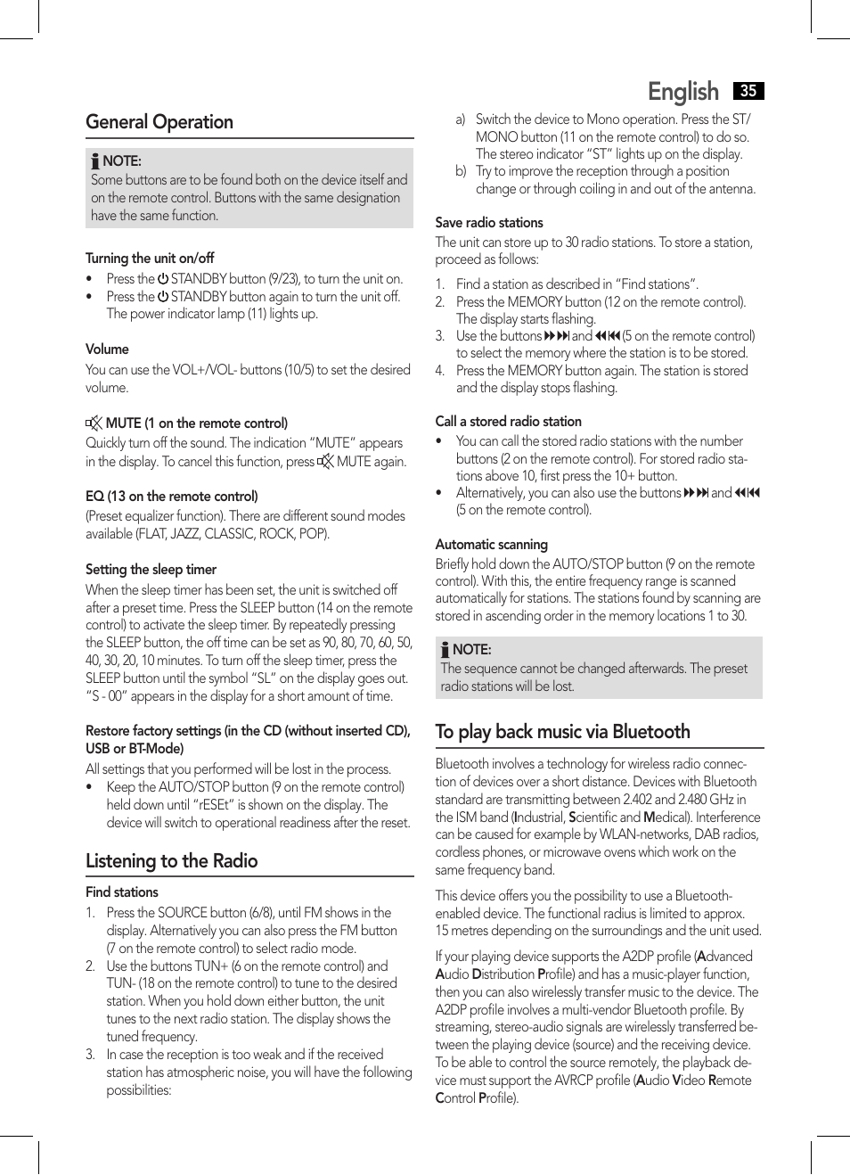 English, General operation, Listening to the radio | AEG MC 4459 BT User Manual | Page 35 / 42