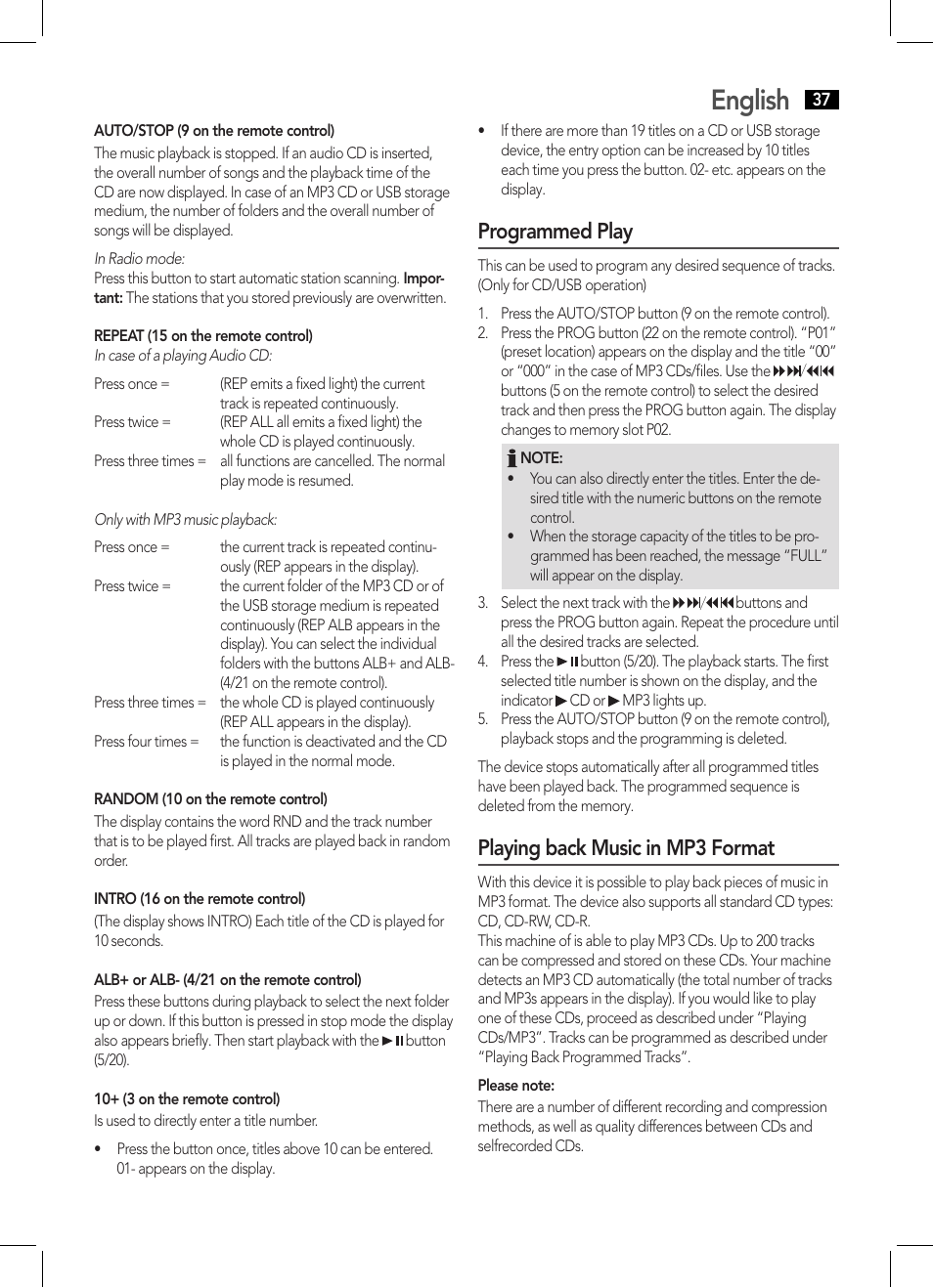 English, Programmed play, Playing back music in mp3 format | AEG MC 4459 BT User Manual | Page 37 / 42