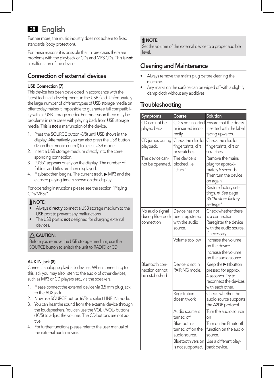 English, Connection of external devices, Cleaning and maintenance | Troubleshooting | AEG MC 4459 BT User Manual | Page 38 / 42