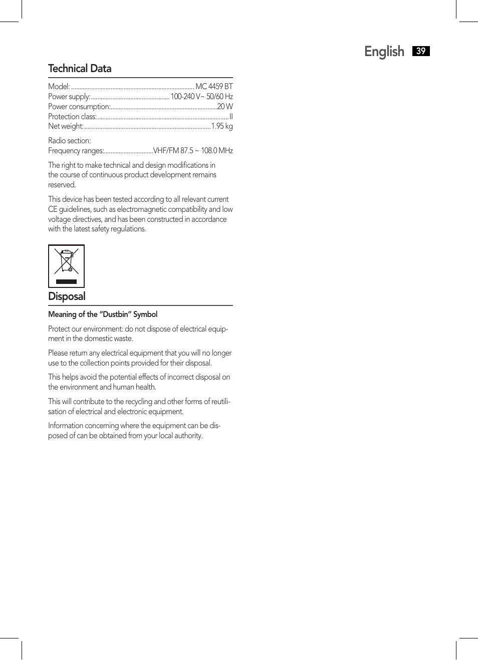 English | AEG MC 4459 BT User Manual | Page 39 / 42