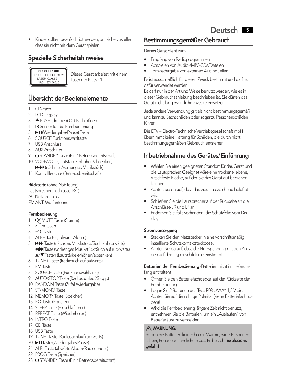 Deutsch, Spezielle sicherheitshinweise, Übersicht der bedienelemente | Bestimmungsgemäßer gebrauch, Inbetriebnahme des gerätes/einführung | AEG MC 4459 BT User Manual | Page 5 / 42