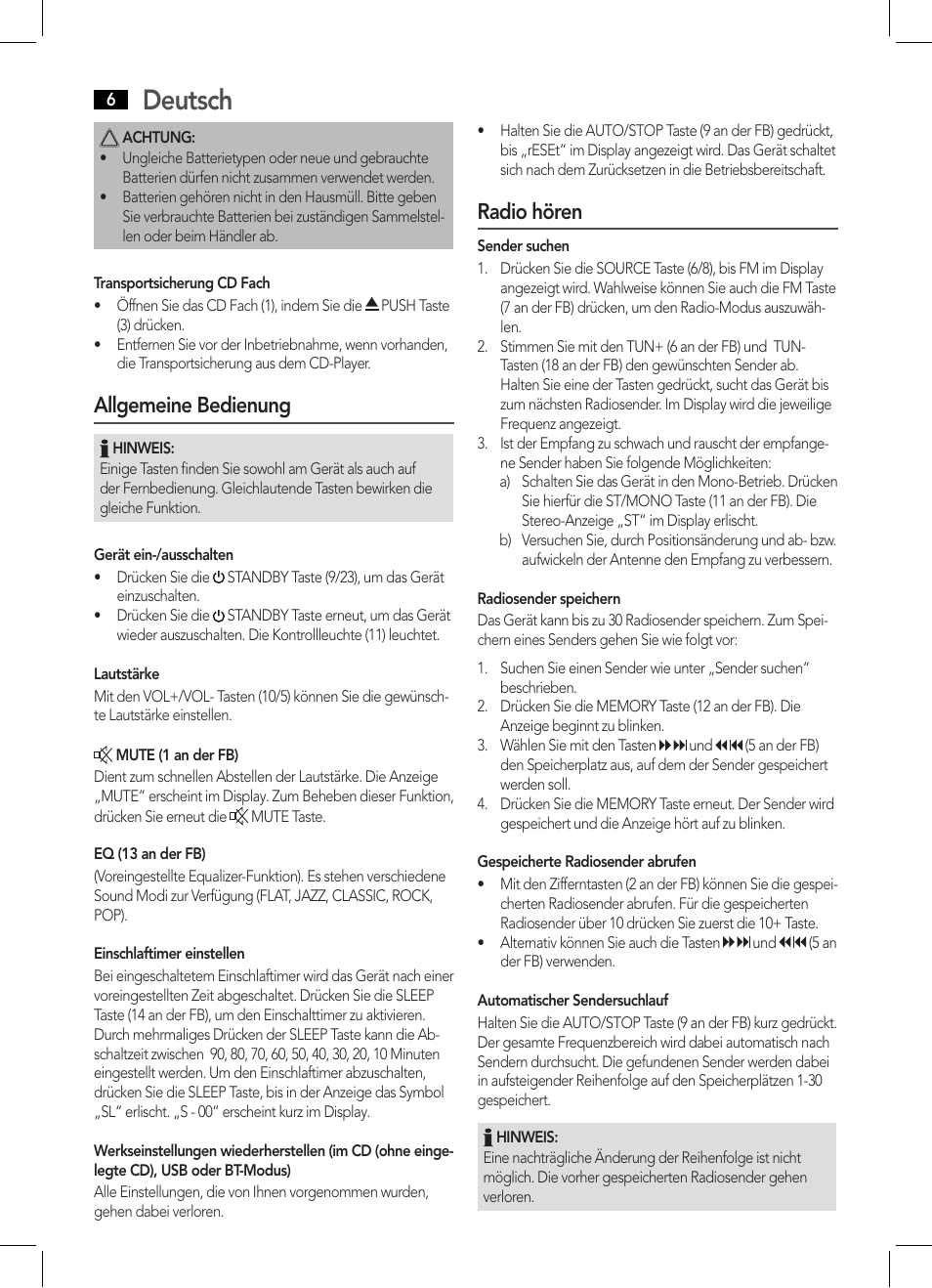 Deutsch, Allgemeine bedienung, Radio hören | AEG MC 4459 BT User Manual | Page 6 / 42