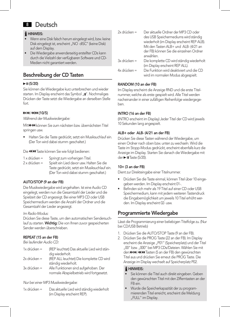 Deutsch, Beschreibung der cd tasten, Programmierte wiedergabe | AEG MC 4459 BT User Manual | Page 8 / 42