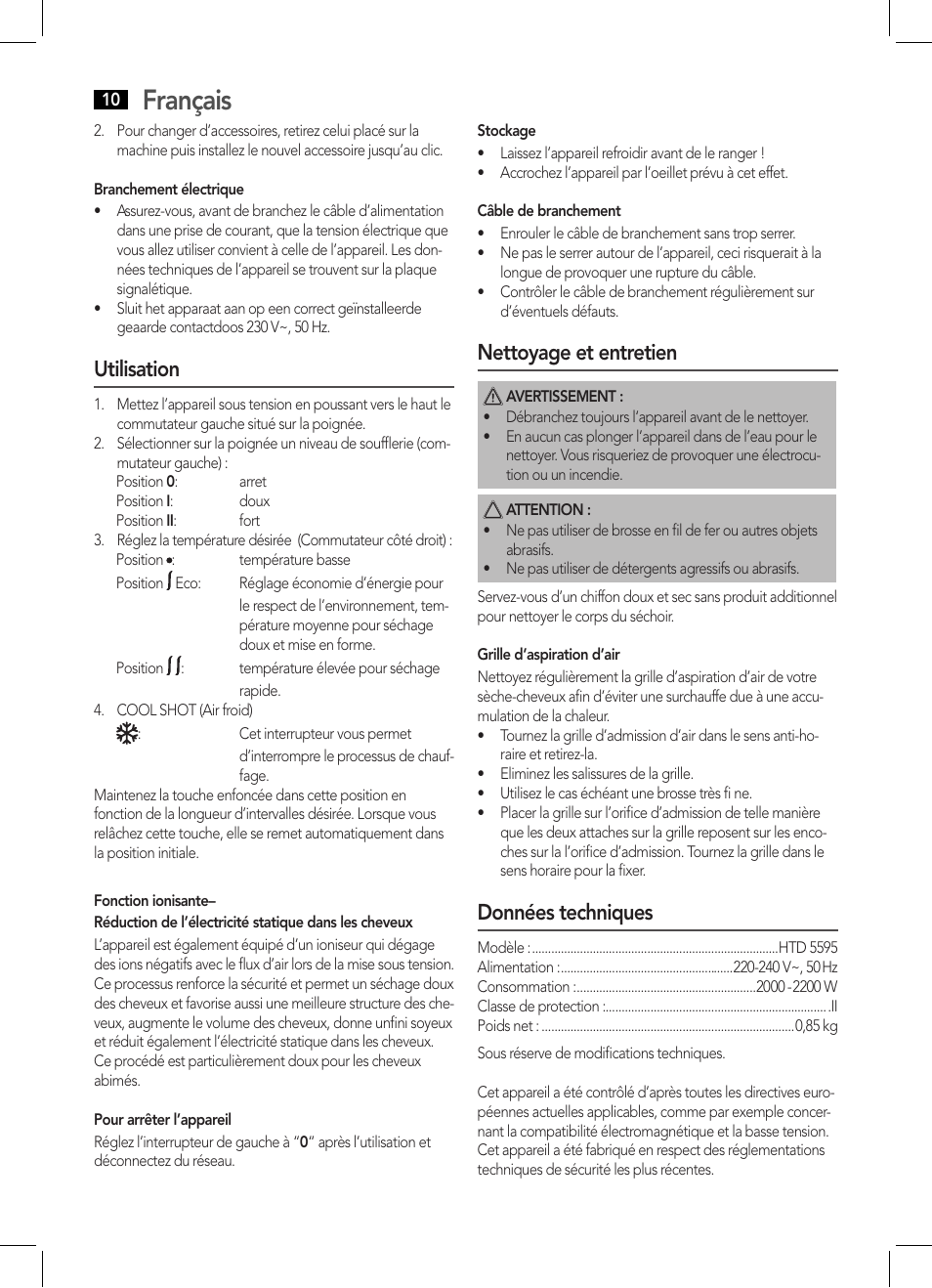 Français, Utilisation, Nettoyage et entretien | Données techniques | AEG HTD 5595 User Manual | Page 10 / 36